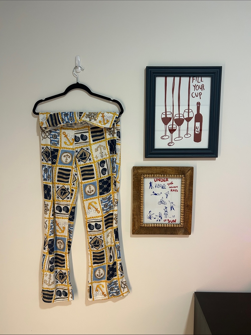 Nautical Print Flare Pants — White, Blue & Gold